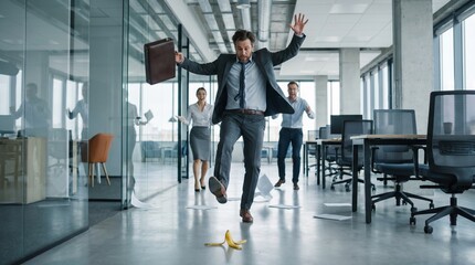 Obraz premium Man jumping over spilled papers in modern office with coworkers