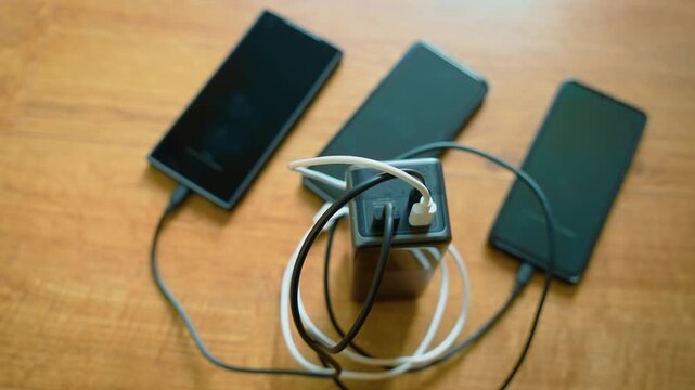 External battery charging three smartphones through multiple connected cables simultaneous mobile charging setup. Portable power bank supplying energy to several devices at once. Continuous charging