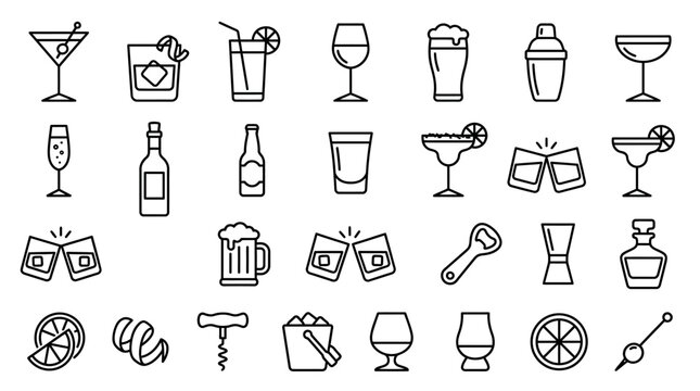 A comprehensive collection of line art icons representing various alcoholic and non-alcoholic beverages, bar tools, and related elements.