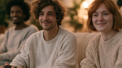Obraz premium Three young people sitting on a couch in a living room. they are all wearing beige sweaters and are smiling at the camera.