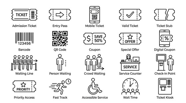 Collection of icons representing tickets, passes, coupons, waiting, and service-related concepts.