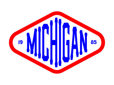 Vintage-style Michigan 1985 typography logo in a red diamond frame.