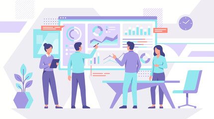 Fototapeta premium A group of people collaborating on a business project with data analysis and charts.