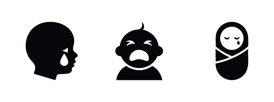 Crying baby and infant sorrow emotion icons.