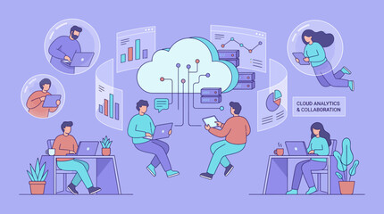 Fototapeta premium Cloud Computing Collaboration and Data Analysis with People Working Together.