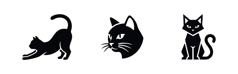 Obraz premium Cat Icons Set: Stretching, Profile Head, and Sitting Poses
