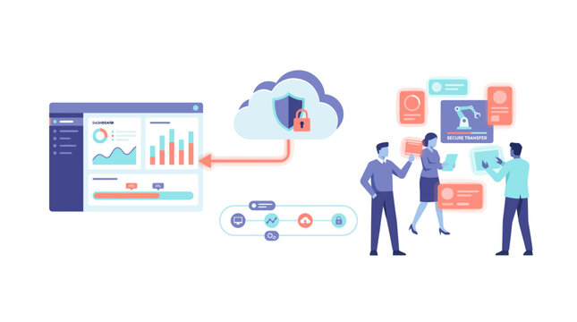 Cloud computing concept with data synchronization and secure network storage for business analytics.