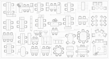 Collection of various table and chair arrangements in top down view. © Uli