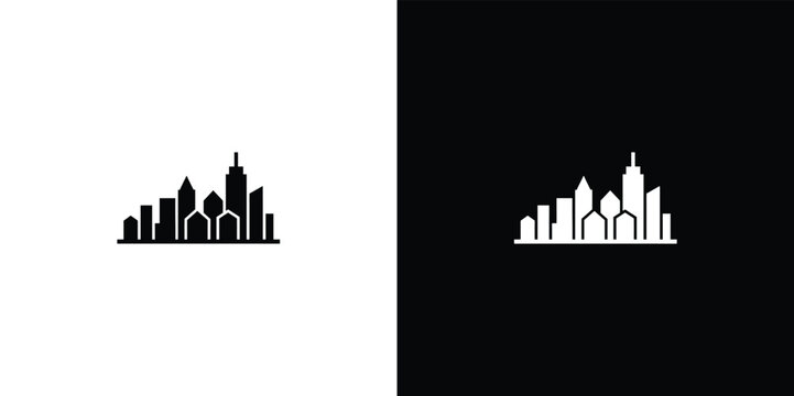 Black and white of a city skyline with tall buildings and a church spire black background white silhouette