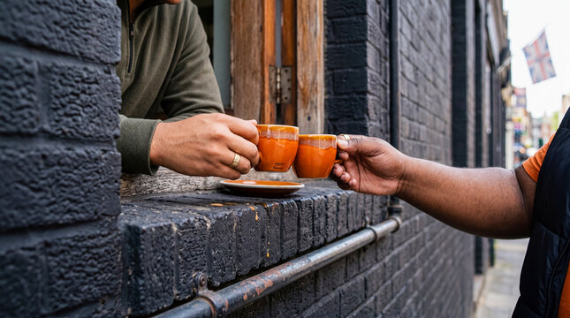Hands exchanging two small ceramic coffee cups through a rustic window, symbolizing connection and service.