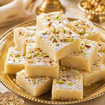 Close-up of barfi pieces topped with nuts and silver leaf, elegant mithai photography, festive Indian dessert, clean luxury background