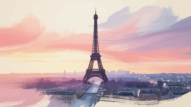 Eiffel tower at sunset with colorful sky and river reflection