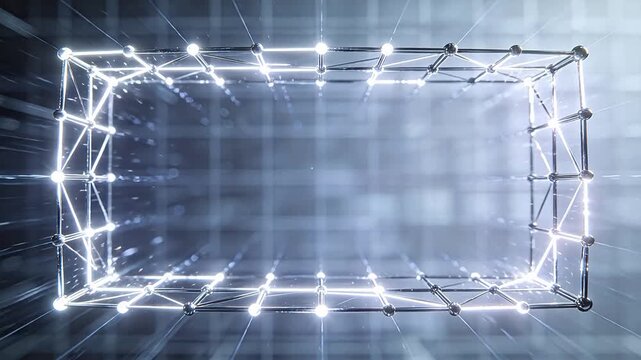 Glowing cubic frame structure with metal rods and light nodes on gradient background