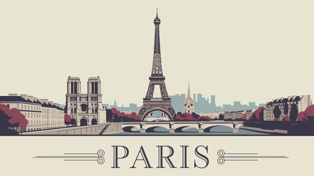 Elegant paris skyline illustration featuring the eiffel tower and notre dame cathedral with decorative elements