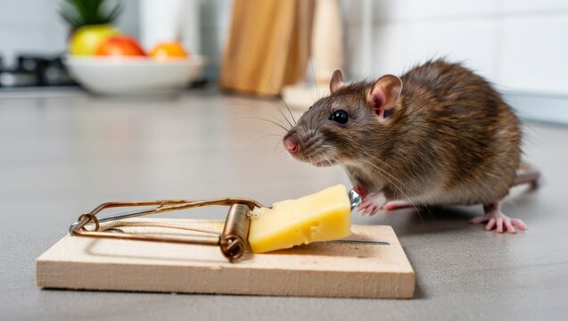 A brown mouse sniffs a piece of cheese on a mouse trap in a kitchen setting.
