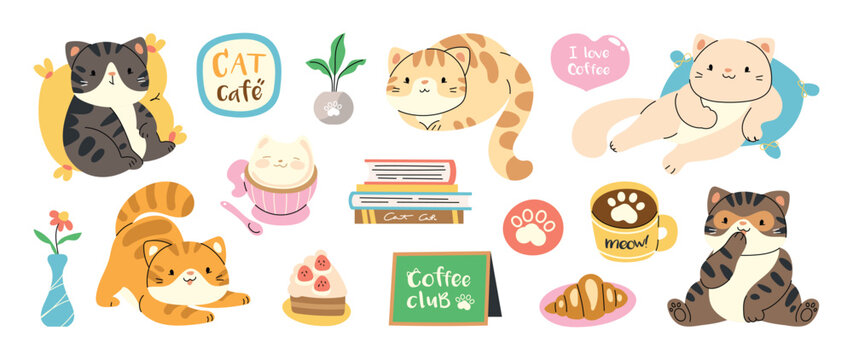 Cute cat cafe doodle flat vector set. Kawaii kittens with coffee cup, croissant, cake, books, plant and paw icons design for sticker, menu, nursery print and packaging.
