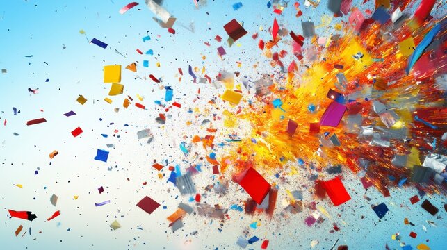 Colorful confetti explosion against a light blue sky.