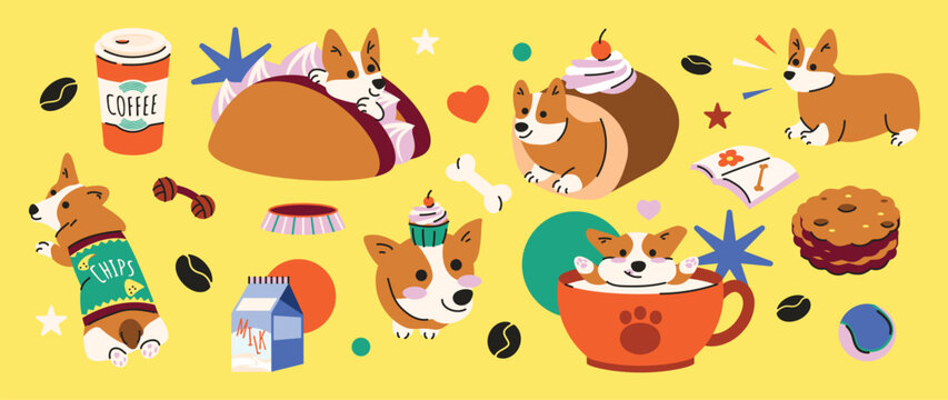 Cute corgi dog cafe dessert flat vector set. Kawaii puppy with coffee cup, cupcake, cookie, milk, snack, bone and pet toy design for sticker, menu, nursery print and packaging.