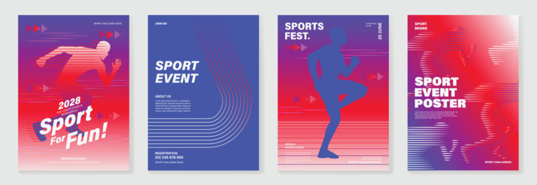 Running charity 5K event poster vector set. Colorful fun run marathon flyer templates with athlete illustration, race track, sport typography and fitness design for banner, invitation and promotion.