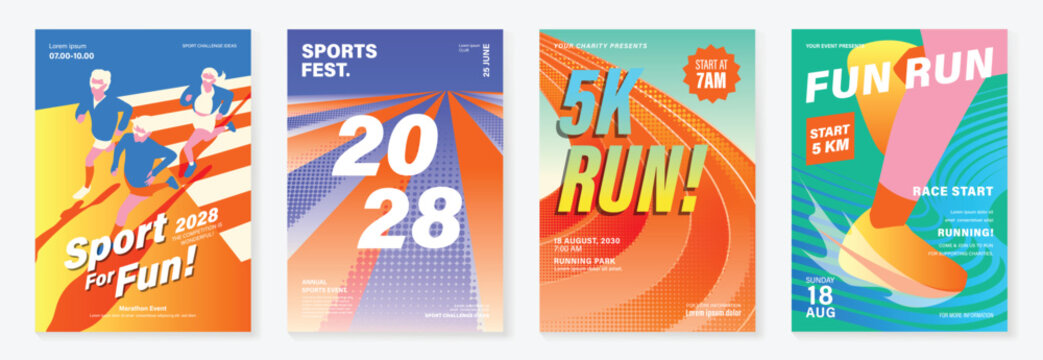 Running charity 5K event poster vector set. Colorful fun run marathon flyer templates with athlete illustration, race track, sport typography and fitness design for banner, invitation and promotion.