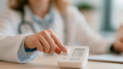 Fototapeta premium Close-up of a person's hand pressing a button on a digital blood pressure monitor. the person is wearing a white coat and a stethoscope around their neck.