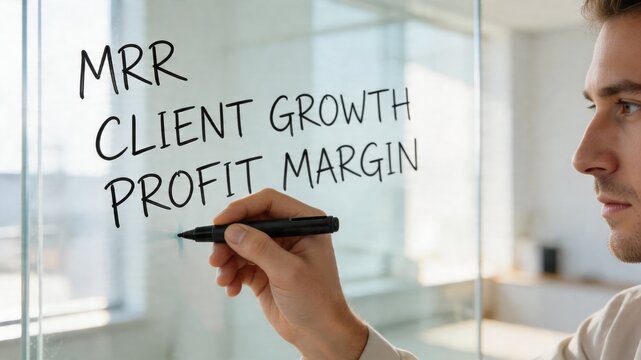 A businessman writing business growth strategy on a glass wall in a modern office, focusing on MRR, client growth, and profit margin, demonstrating leadership and planning skills.