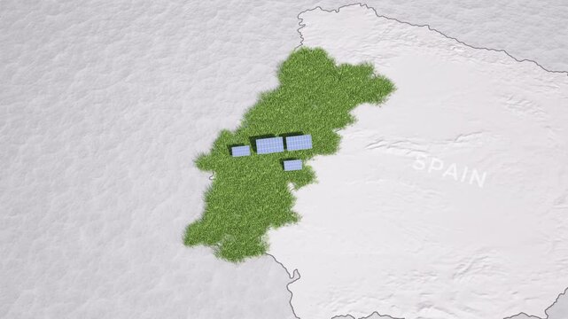 Animated map of Portugal showing wind turbines and solar panels emerging from the green ground. 3D animation.