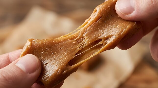 Hand breaking off piece of toasted bread on wooden table