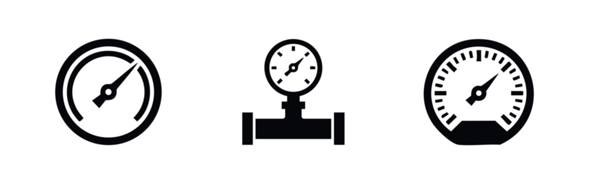 A set of three minimalist black pressure gauge and manometer icons on a white background, representing industrial measurement and control systems.