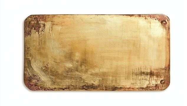 A weathered, rusty metal plate with a golden hue, showing signs of wear and corrosion along the edges and surface.