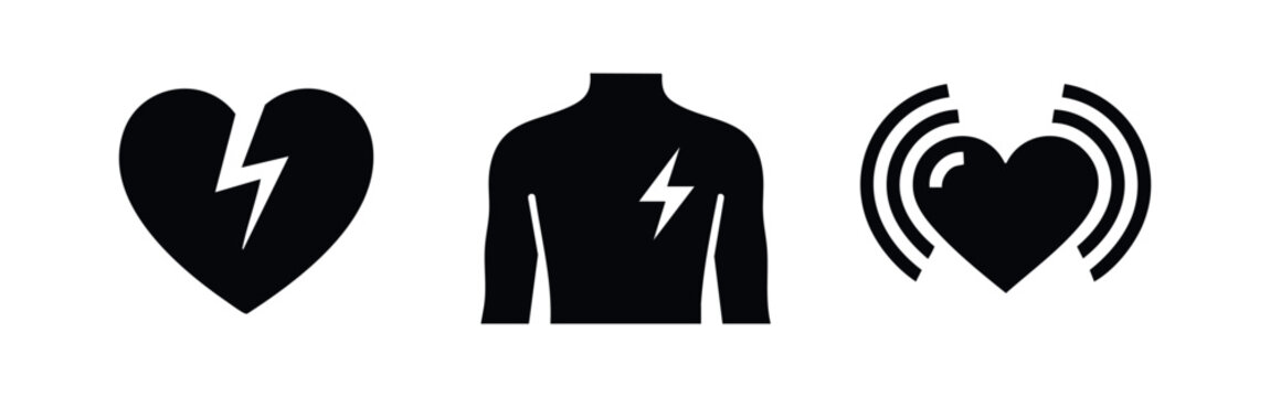 Set of black minimalist icons representing heart attack symptoms, chest pain, and cardiac health issues on a clean white background.