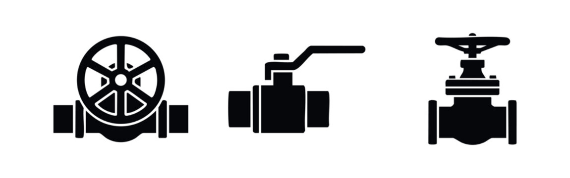 Set of three black industrial valve icons featuring gate and ball valves, isolated on a white background for plumbing, gas, and oil pipeline designs.