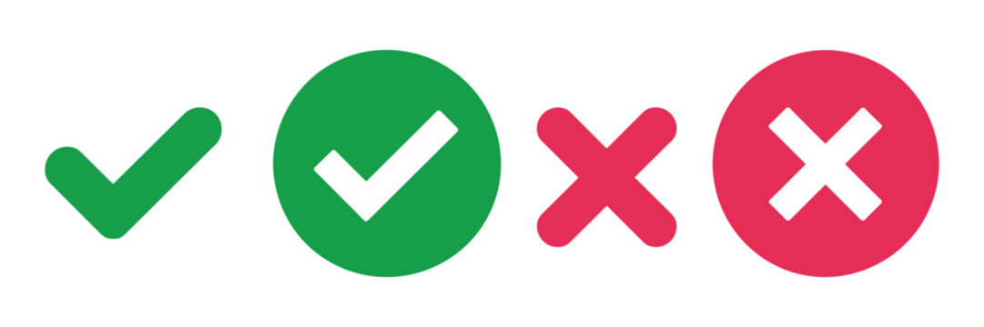 Check mark and cross mark icons representing approval rejection validation error success failure status indicator vector.