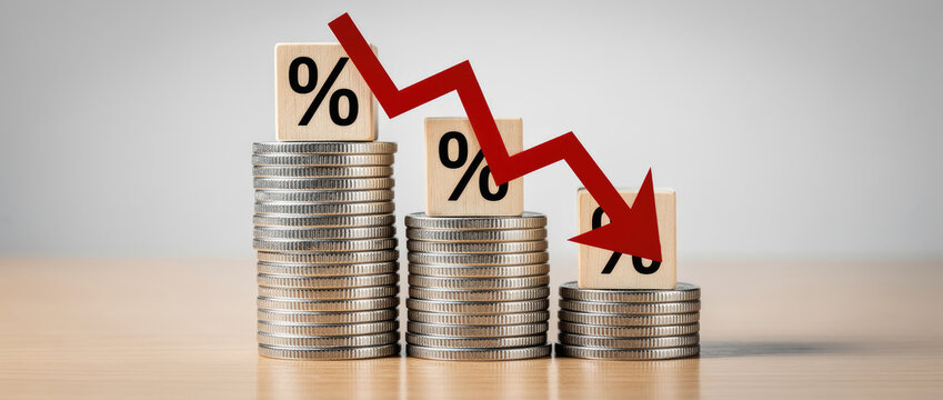 Concept of financial crisis with stacks of coins and a red arrow pointing down.