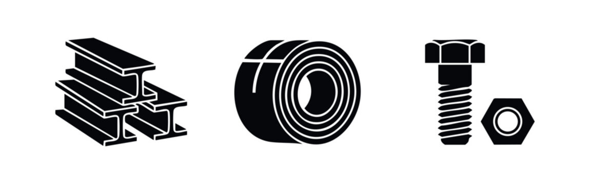 Set of industrial icons featuring a stack of I-beams, a metal coil, and a bolt with a nut. Black minimalist vector illustration on white background.