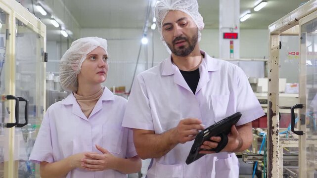 Two technician inspecting automated machinery in food industry, manufacturing production line with quality control, industrial automation technology, engineers using tablet for machinery inspection.