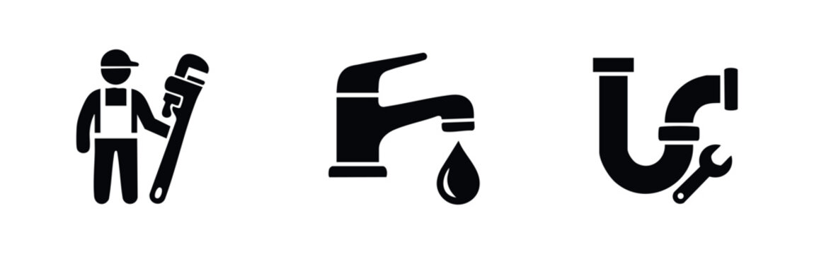 Set of black plumbing icons including a professional plumber, a dripping water faucet, and drain pipe repair tools. Isolated on a white background.