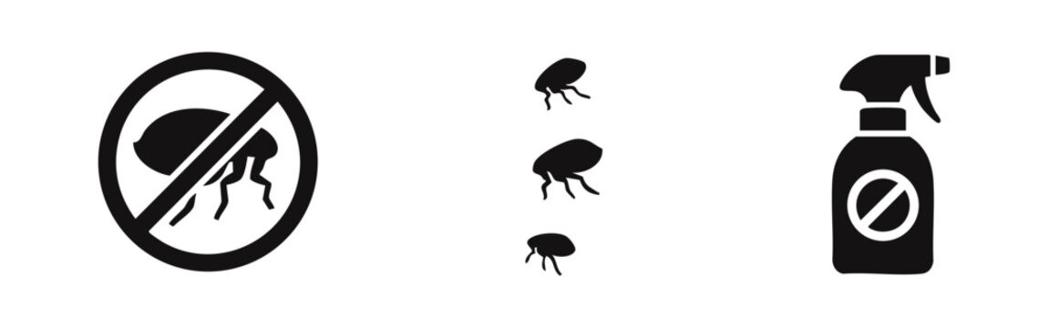 Minimalist black and white icons for flea pest control, featuring a prohibited flea sign, multiple fleas, and an insecticide spray bottle.