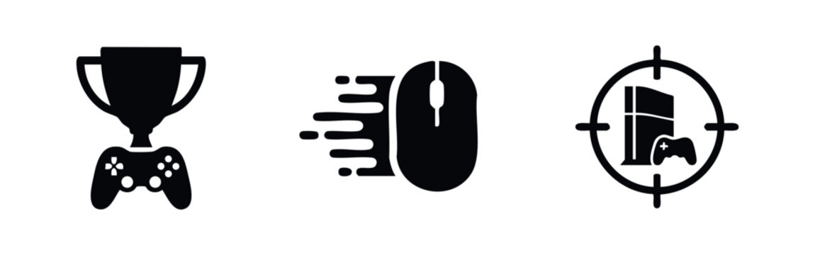 Three black minimalist gaming icons representing esports victory, fast pc mouse response, and console gaming targets on a white background.