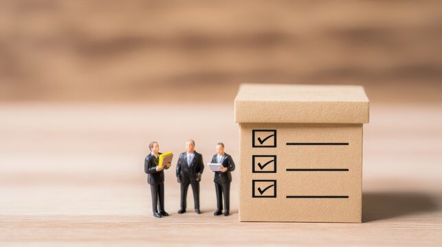 Miniature figures checking ballot box standards office environment visual representation perspective on voting responsibility