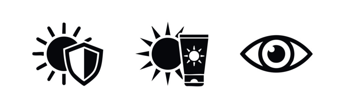 Black sun protection icons set featuring UV shield, sunscreen tube, and human eye symbol. Ideal for summer safety and healthcare concepts.