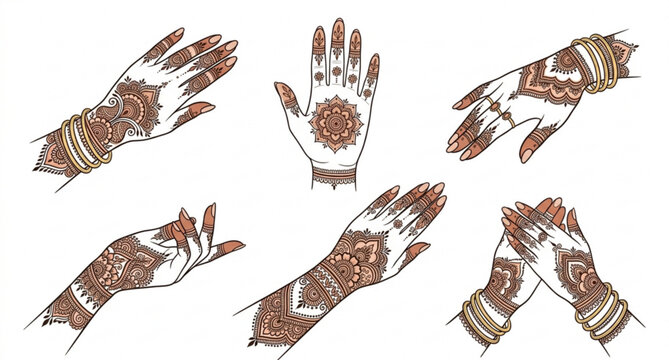 Mehndi ceremony bridal hands with Indian henna floral patterns vector illustration isolated on white background