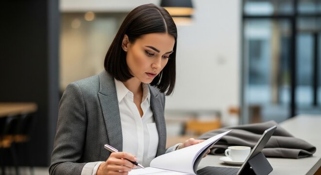 Busy business woman reviews contract during short coffee break, showing decision pressure, corporate responsibility and nonstop work routine.
