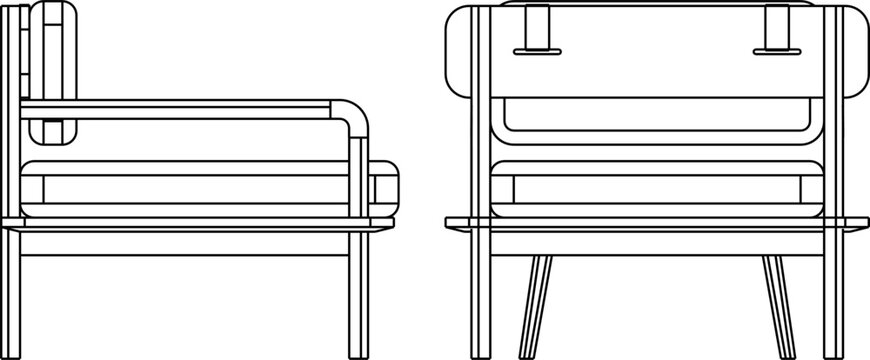 Side view of sofa set with two seater sofa, single seater sofa, and rectangular coffee table in simple outline style.