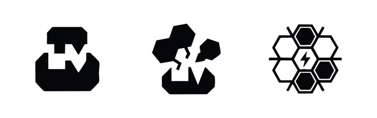 Set of three minimalist black geometric icons on a white background, featuring abstract mineral forms and energy cell designs for tech concepts. © Lili