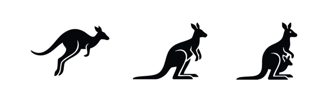A set of three black kangaroo silhouettes including jumping, standing, and a mother with a joey in her pouch, isolated on a white background.