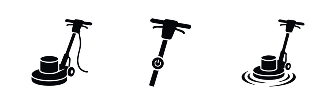 Black silhouette icons of industrial floor polishing machines and buffers. Set of professional cleaning equipment for floor maintenance services.