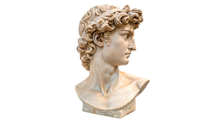 An antique classic white marble sculpture bust portrait of a Greek roman man head isolated on transparent background