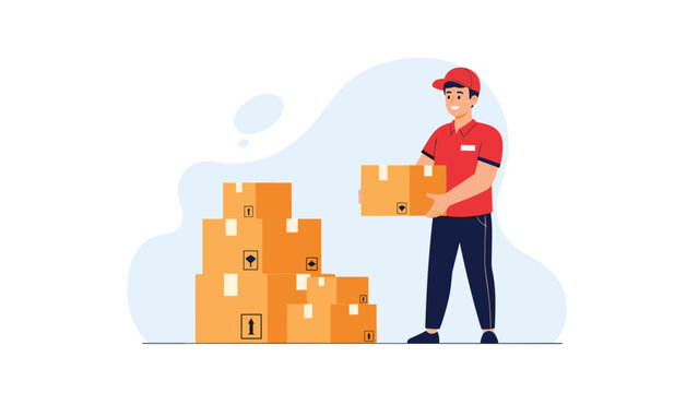 Friendly delivery man in a red uniform carries a cardboard box next to a large stack of packages in a logistics warehouse.