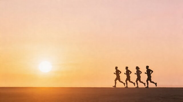 A group of four runners in silhouette running on a beach at sunset with a vibrant orange sky, conveying a sense of energy, motion, and competition.